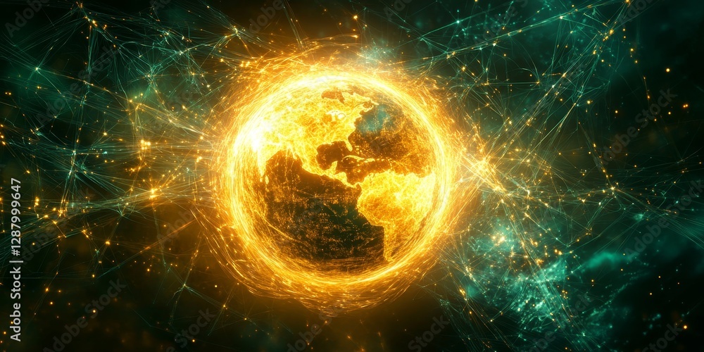 Poster abstract vector illustration of a globe surrounded by glowing lines and points, symbolizing global c