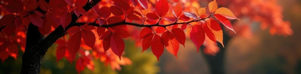 Virburnum tree with changing leaves in autumn, crimson red, autumnal colors, leafy branches