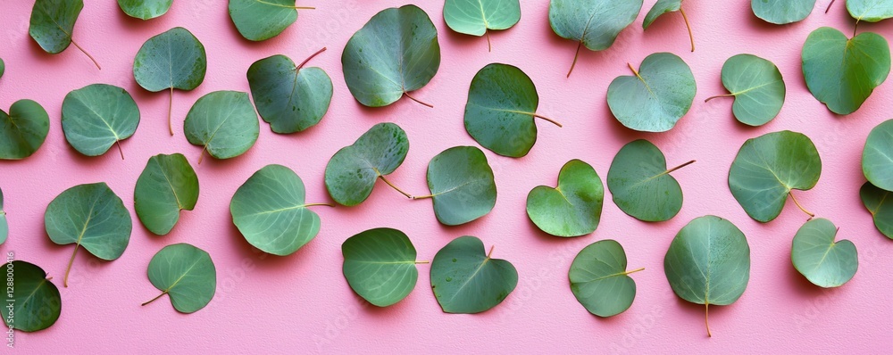 Poster eucalyptus branches and leaves are arranged on a soft pink background, creating a repeating pattern,