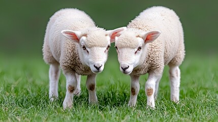 Obraz premium Two Lambs Facing Each Other in a Field