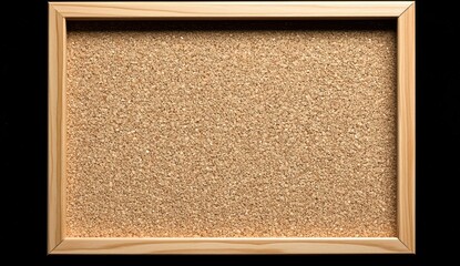 Fototapeta premium Blank corkboard framed by light brown wood, square-shaped on black.