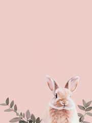 Fototapeta premium Adorable bunny rabbit with delicate green leaves against a soft pink background. Perfect for spring or Easter themes.