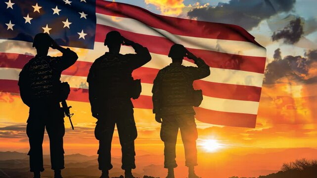 American army soldiers salute at sunset against a backdrop of the United States flag, honoring their service and commitment to the country during a serene evening
