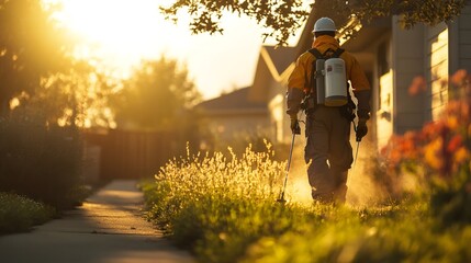 Pest control worker spraying pesticide at sunset in residential area