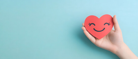 A hand gently holds a cheerful red paper heart, symbolizing love, happiness, and positive emotions against a serene blue background.