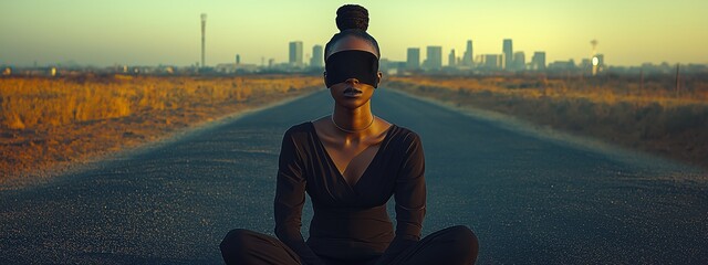 African woman with black blindfold sits on road protest in USA