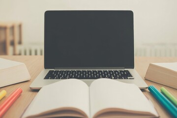 Laptop sits on desk surrounded by colorful pens and open book, i