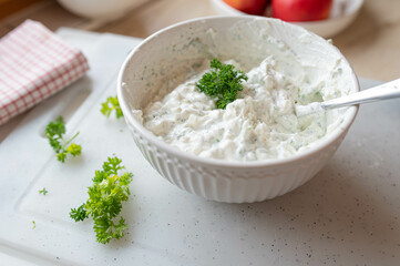 Homemade herb quark in a bowl