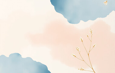 Aesthetic minimalist wallpaper featuring fluid watercolor washes in earth-tone hues—muted blue, blush pink, ivory, and beige. Delicate gold line art overlays the soft textures