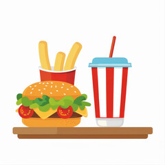 A colorful fast food meal featuring a hamburger, French fries in a cup, and a soft drink in a striped cup on a wooden tray.