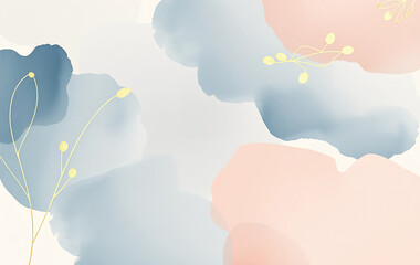 Aesthetic minimalist wallpaper featuring fluid watercolor washes in earth-tone hues—muted blue, blush pink, ivory, and beige. Delicate gold line art overlays the soft textures
