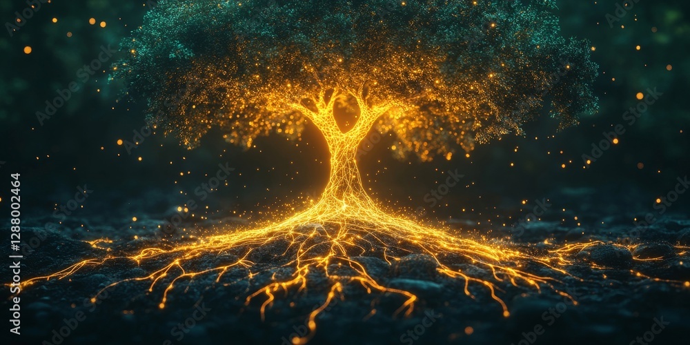 Aufkleber minimalist design of a tree with roots forming a glowing network, symbolizing interconnectedness, ge