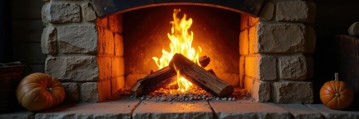 Burning wood in a stone hearth with warm golden light on the surrounding wooden wall, stone, wood