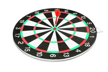 Dart board with red arrow hitting target isolated on white