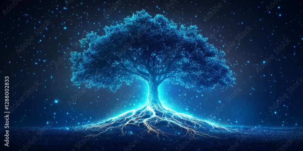 Aufkleber minimalist design of a tree with roots forming a glowing network, symbolizing interconnectedness, ge
