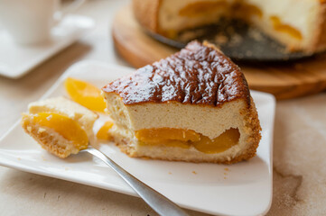 Homemade piece of cheesecake with apricots