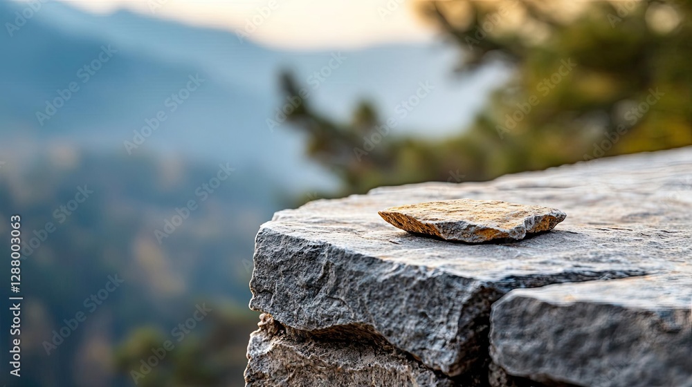 Poster weathering process concept. a close-up view of a rock on a stone ledge with a mountain backdrop and 