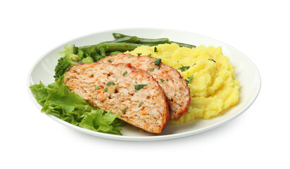 Delicious baked turkey meatloaf, mashed potato and vegetables isolated on white
