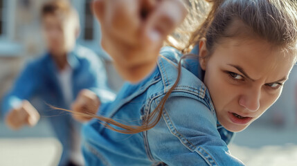 Young Woman Practicing Self-Defense Techniques with Strong Defensive Stance for Personal Safety and Protection