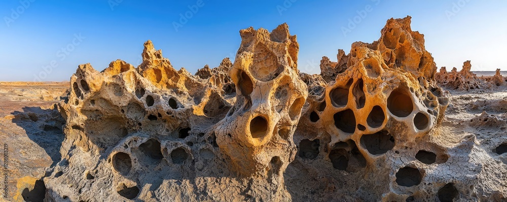 Poster weathering process idea. unique rock formations with honeycomb structures under clear blue sky.