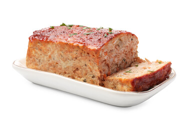 Delicious baked turkey meatloaf isolated on white