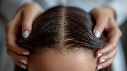 Naklejka premium Doctor examining patient's scalp for hair loss and dandruff