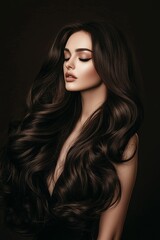 Naklejka premium The lovely face of a beautiful brunette model is characterized by her curly hair, traditional makeup, and full lips