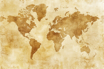 A vintage-style world map with a warm, textured background, highlighting geographical outlines in a muted, earthy palette.