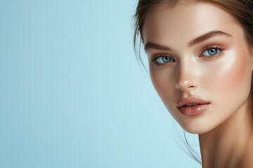 Obraz premium The camera captures a beautiful brunette woman who embodies sensuality, with a clean face and subtle nude makeup that accentuates her perfect skin