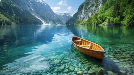 A serene lake with crystal-clear water, surrounded by lush mountains, features a wooden boat drifting peacefully.