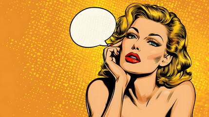 Retro pop art illustration of a glamorous blonde woman with a thought bubble, perfect for vintage-themed designs and advertising.
