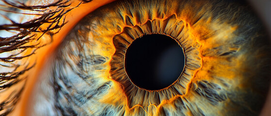 A close-up view of a vibrant human eye, showcasing intricate details like the iris patterns and color blending of blue, orange, and black. Perfect for studies related to vision.