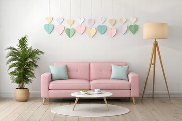Romantic Valentine’s Day Living Room with Pink Sofa and Heart-Themed Decor