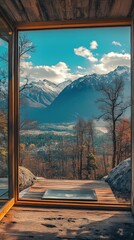 Scenic mountain view from a modern glass cabin