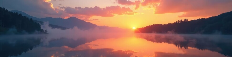 Obraz premium Gentle mist rising from the lake as sunset approaches, sunset, clouds