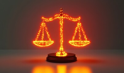 Glowing scales of justice on dark background, legal concept image