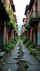 Weathered city street with broken pavement, faded signs and overgrown vegetation,  filth,  rusty