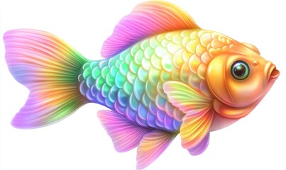 Rainbow fish swimming, vibrant scales, white background, digital art