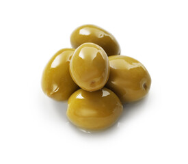 Delicious marinated green olives isolated on white