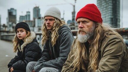 Fototapeta premium Seated on a city bench, a group of three, including one child, wear hats and scarves, and seem absorbed in their own thoughts despite being in a busy urban setting