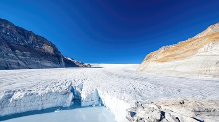 Weathering process concept. A breathtaking glacier under a clear blue sky, showcasing nature's icy beauty.