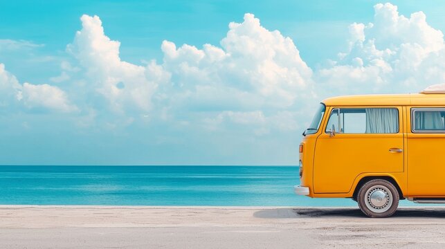 Travelers embark on a journey by the sea in a vintage camper van or an old combi during a summer trip to the beach, creating a unique vacation or holiday experience that combines adventure, freedom,
