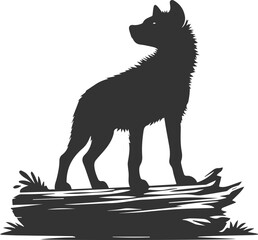 A hyena standing on a fallen tree, looking into the distance vector animal silhouette