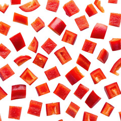 Freshly Diced Red Bell Peppers, Kitchen Setting, Food Photography, Bright Environment, Top-Down View, Culinary Inspiration