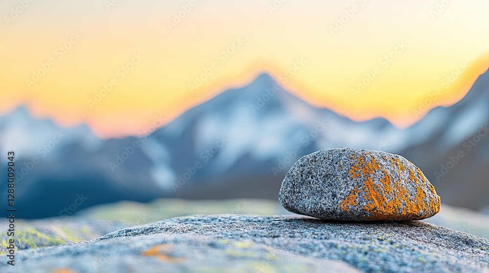 Poster weathering process idea. a serene view of a stone on a rocky surface with mountains in the backgroun