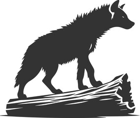 A hyena standing on a fallen tree, looking into the distance vector animal silhouette