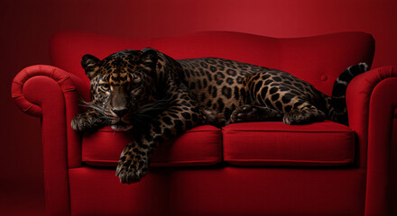 black leopard resting on a red couch