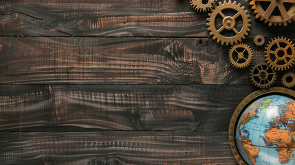 Cogs Business World Global Background Supply Chains. Old Cogs on a rustic wood background with a world globe