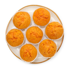 Tasty carrot muffins isolated on white, top view