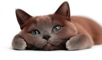 A cute British shorthair cat relaxes on a white background, showcasing its soft fur and striking blue eyes in bright daylight